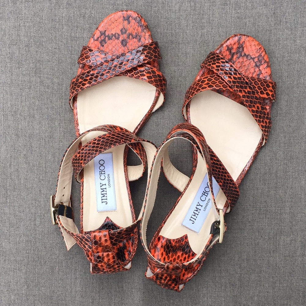 JIMMY CHOO Criss-Cross Strap Wedge Sandal with Adjustable Ankle Strap in Python